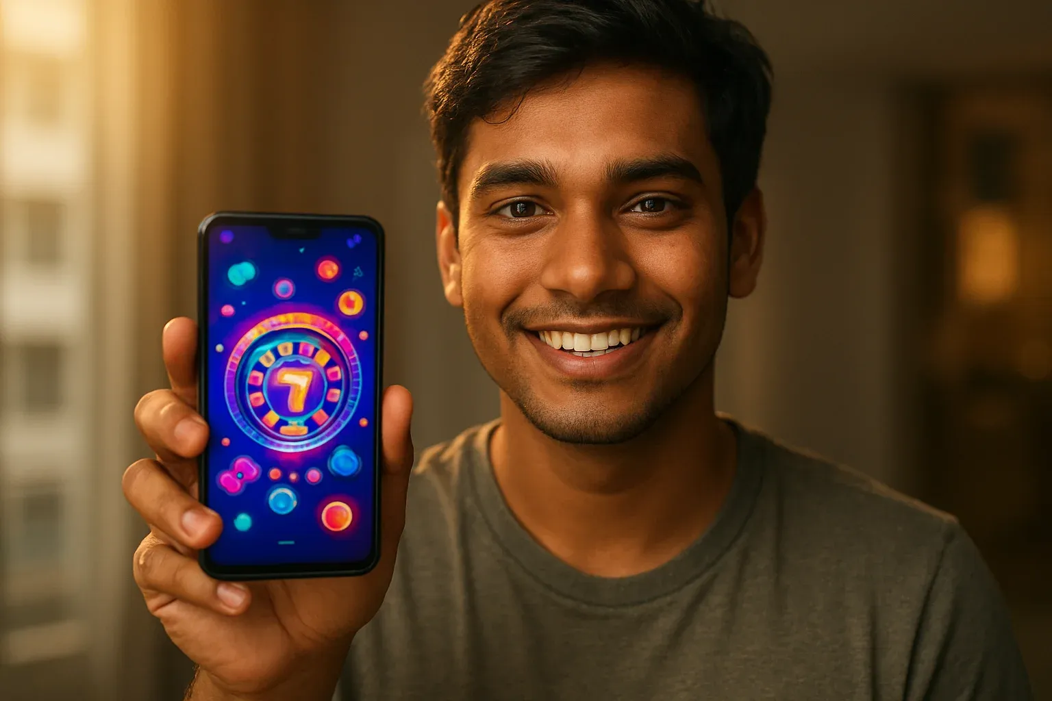Young Bangladeshi man holding smartphone showing glowing casino app interface