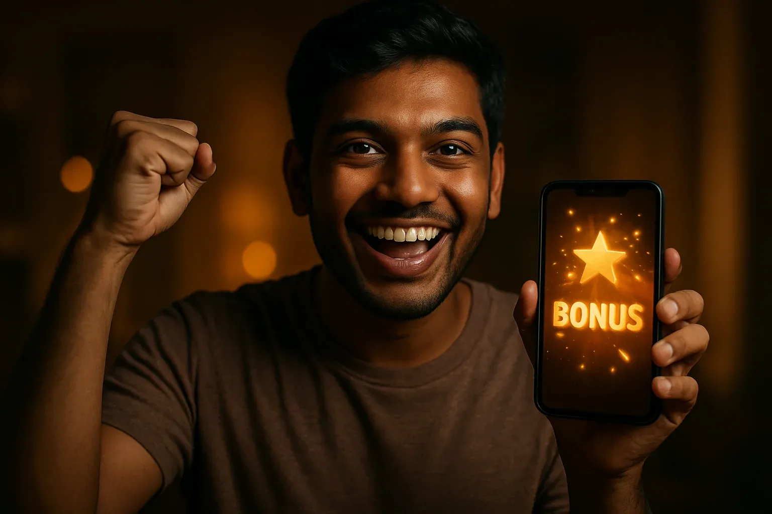 Joyful Bangladeshi man celebrating with smartphone showing glowing golden bonus notification
