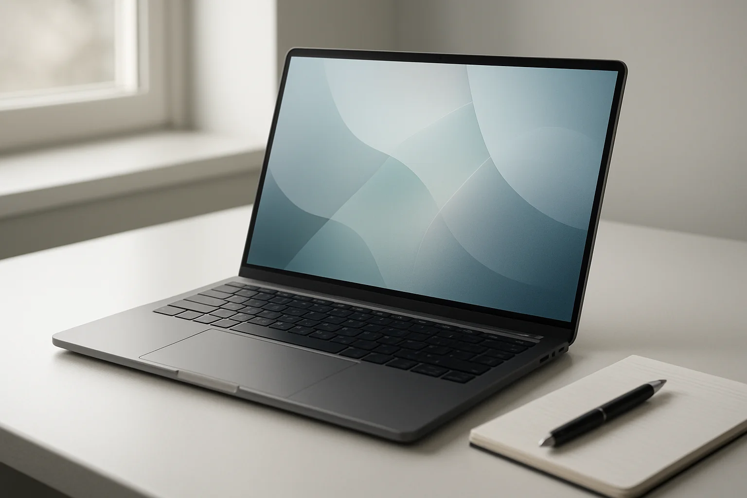 Modern laptop on white desk with glowing abstract screen in daylight