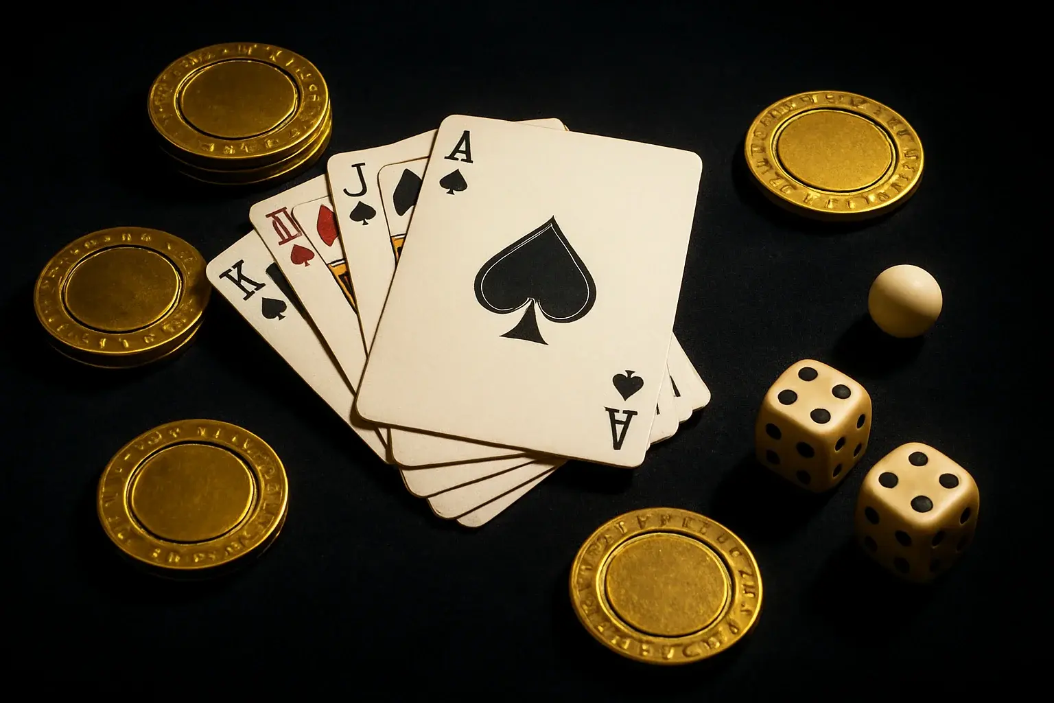 Top-down dark velvet casino scene with gold chips, cards, dice, roulette ball
