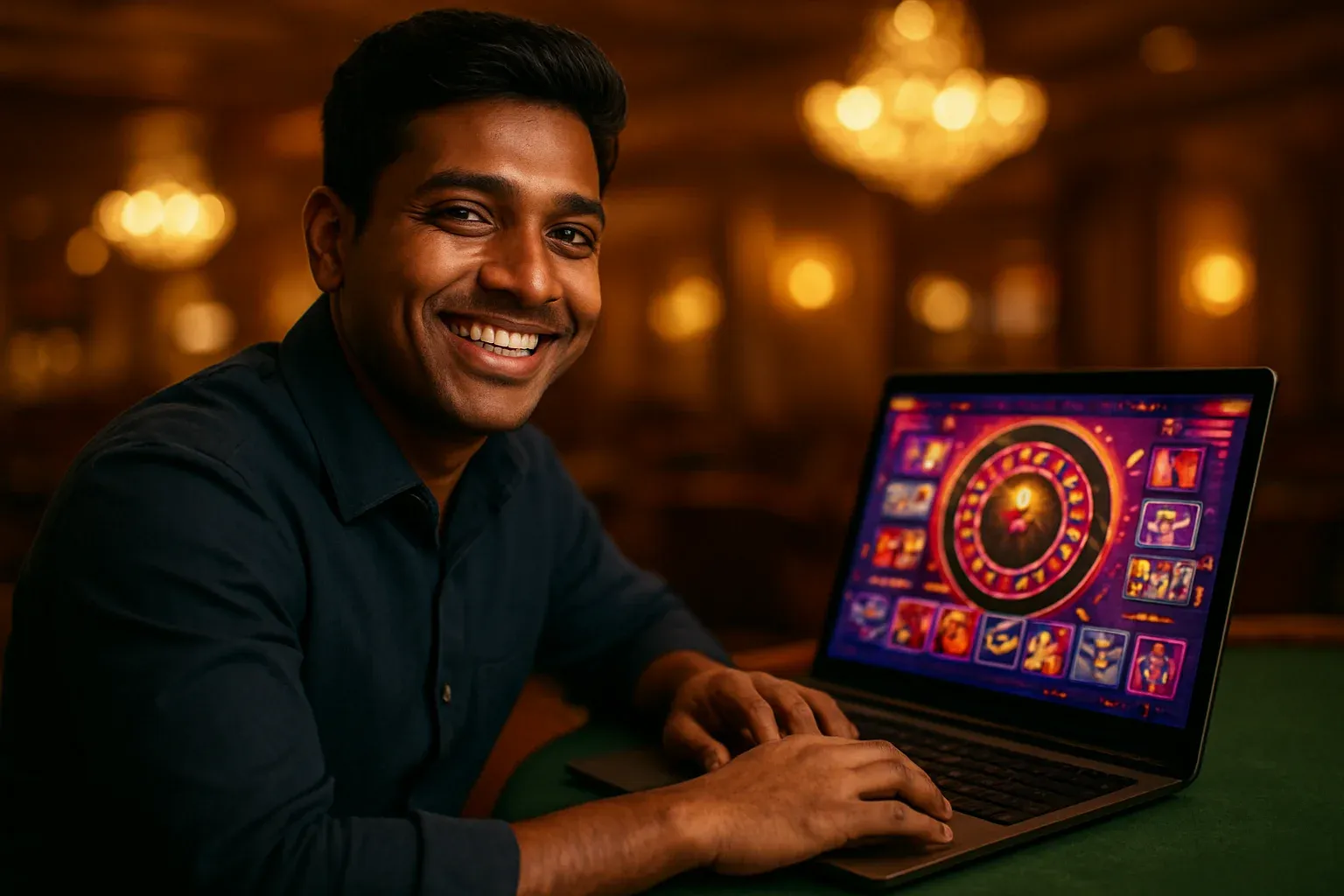 Cheerful Bangladeshi man in navy shirt at casino lounge with open laptop
