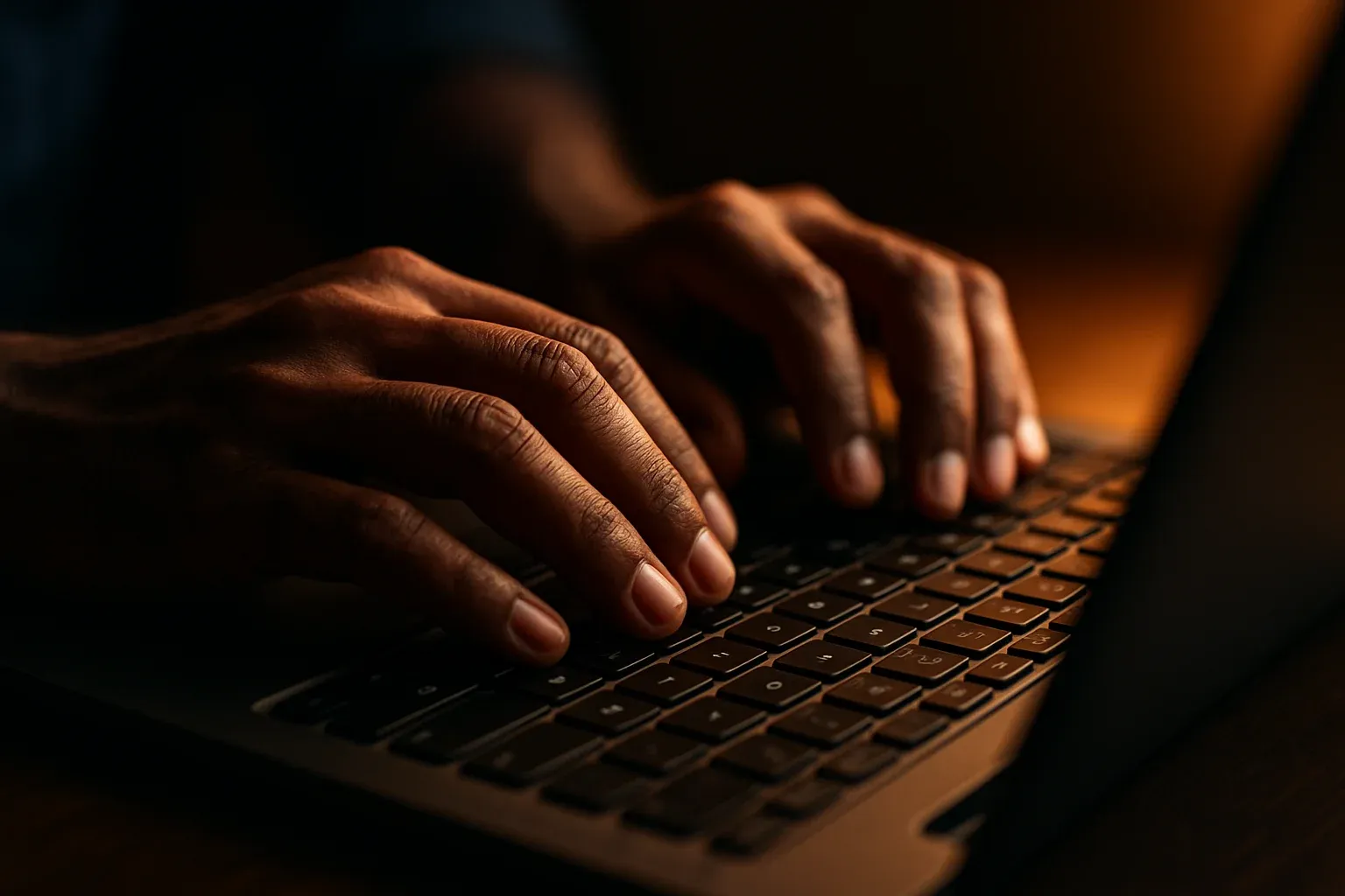 Close-up of Bangladeshi hands typing on laptop keyboard in dramatic light