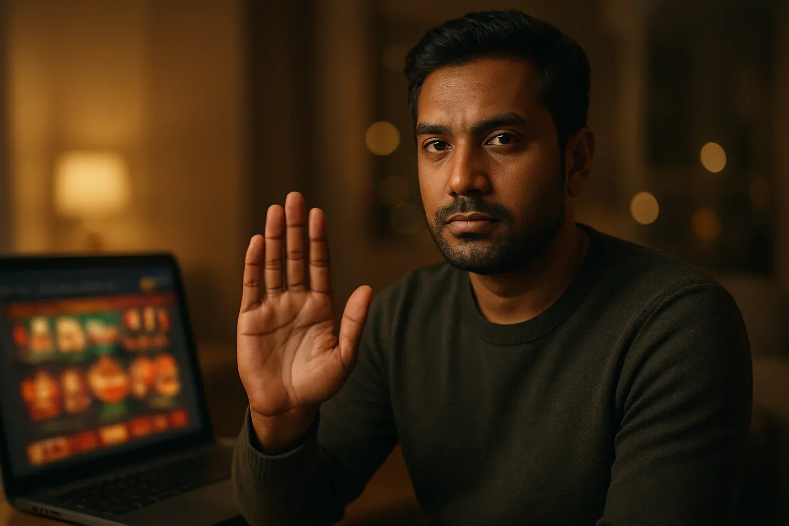 Confident Bangladeshi man shows stop gesture beside blurred online casino laptop
