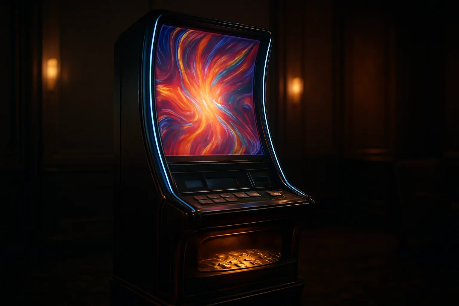 Hyperrealistic premium slot machine with glowing screen in dark luxury setting